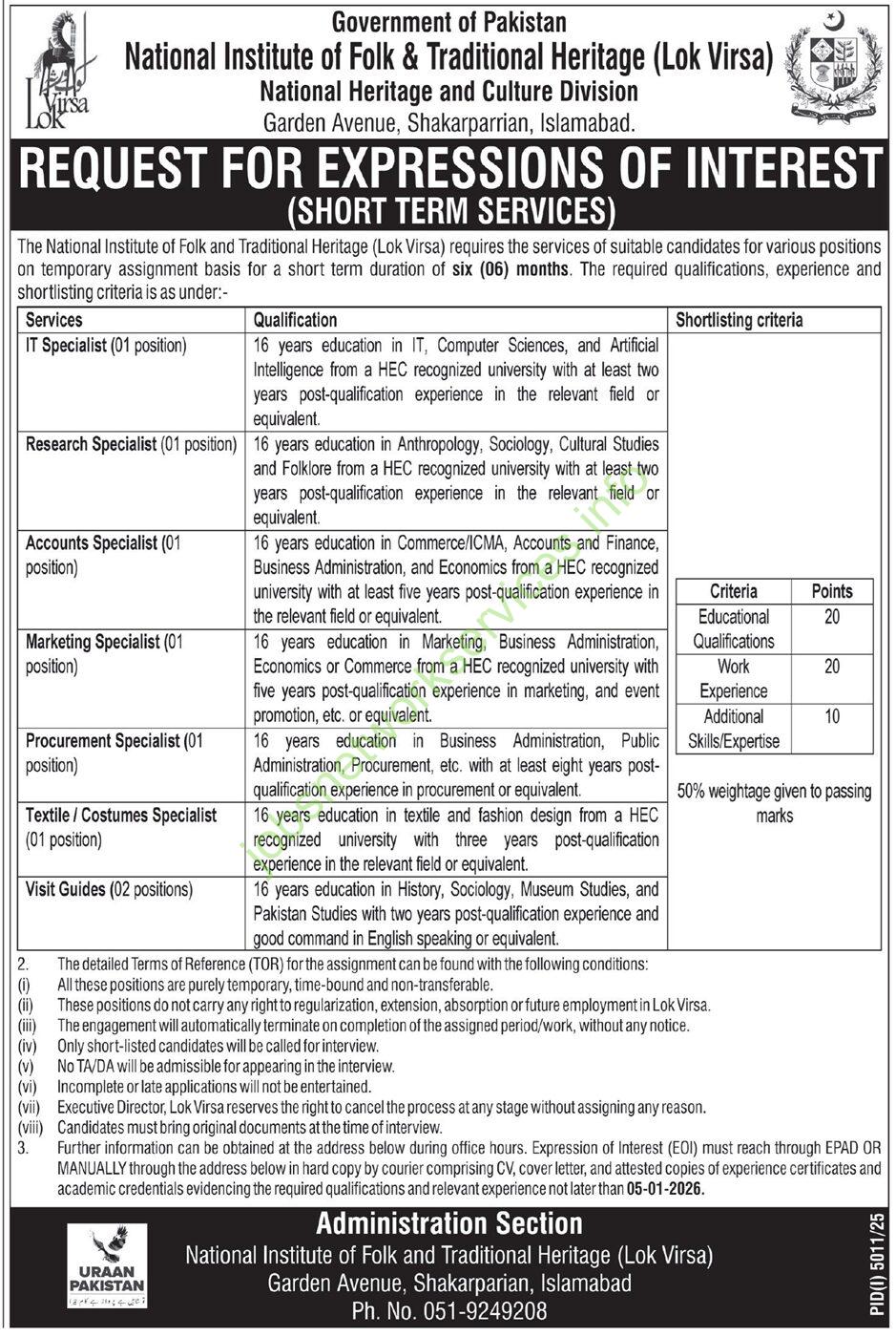National Heritage and Culture Division Islamabad Jobs 2026 Latest