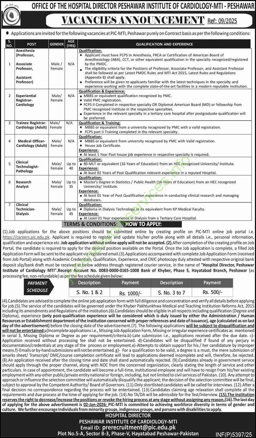 Office of the Hospital Director Peshawar Institute of Cardiology MTI Peshawar Jobs 2026 Latest