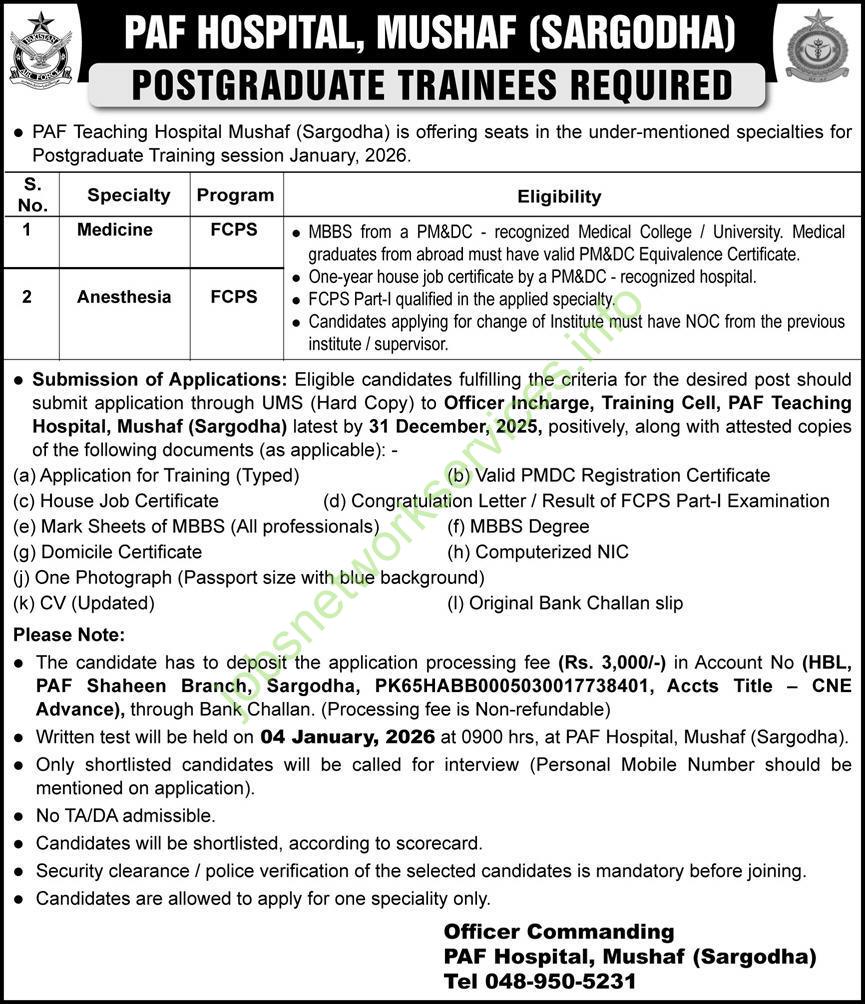 PAF Teaching Hospital Mushaf Sargodha Jobs January 2026 Latest