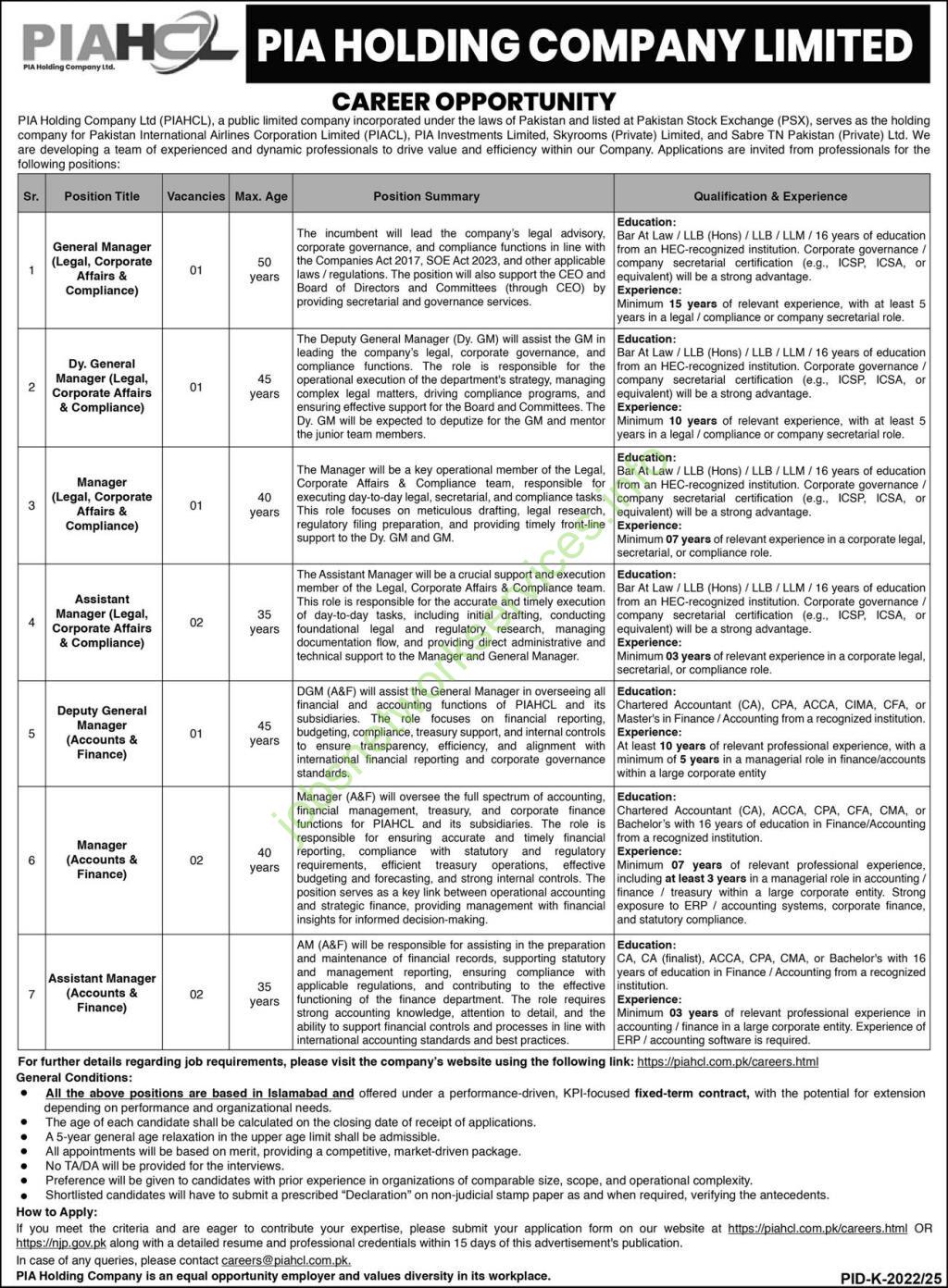 PIA Holding Company Ltd PIAHCL Jobs December 2025 Latest