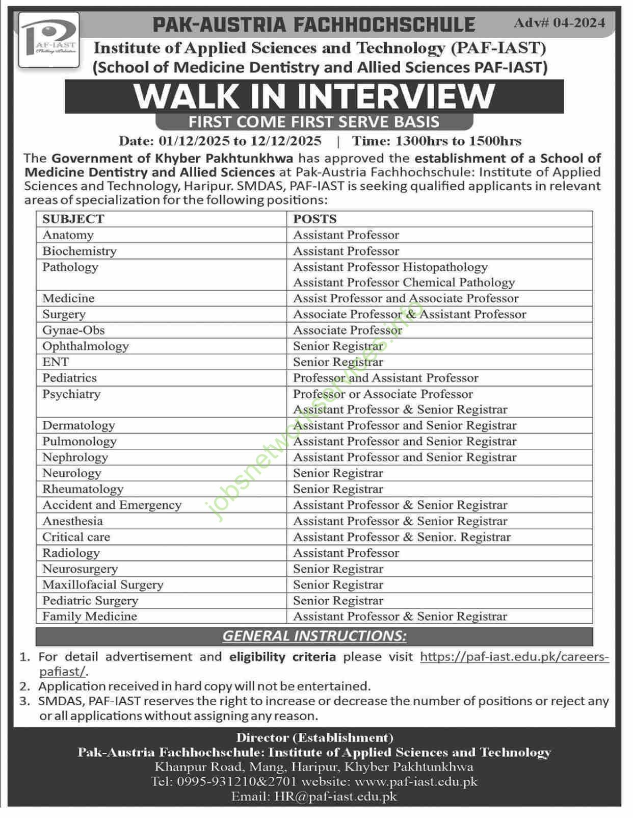 Pak Austria Fachhochschule Institute of Applied Sciences and Technology PAF-IAST Jobs December 2025 Latest