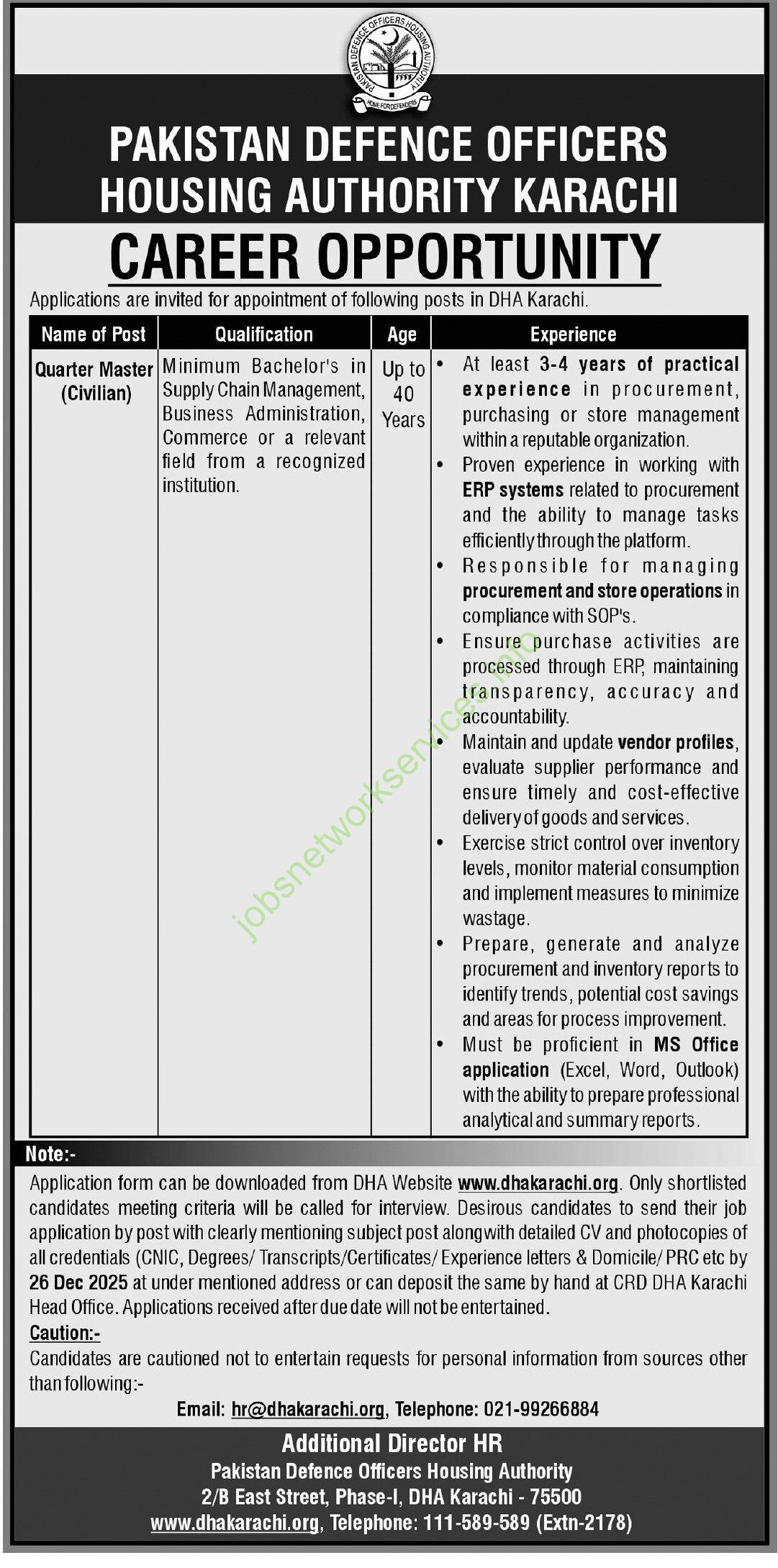 Pakistan Defence Officers Housing Authority DHA Karachi Jobs January 2026 Latest