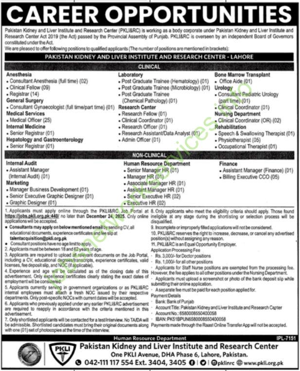 Pakistan Kidney and Liver Institute and Research Centre PKLI Jobs December 2025 Latest