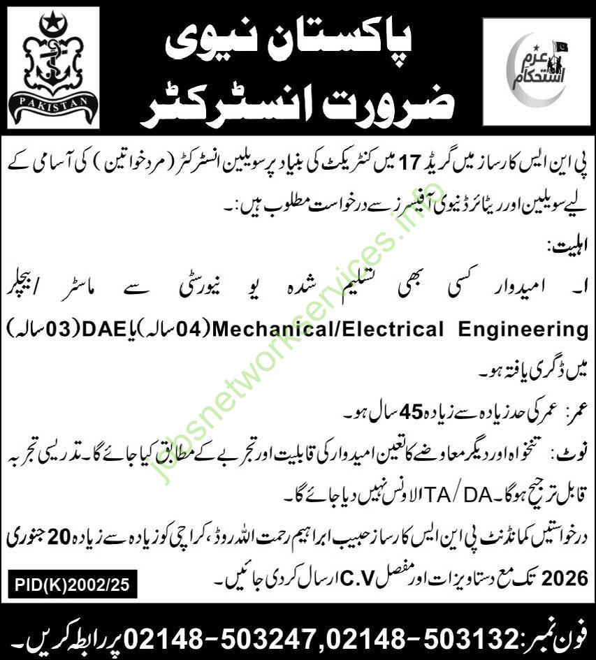 Pakistan Navy PNS Karsaz Karachi Jobs 2026 for Instructor Latest