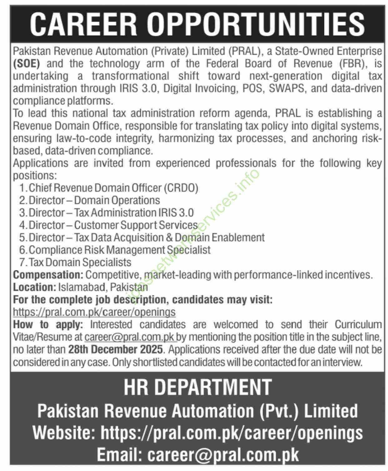 Pakistan Revenue Automation (Private) Limited PRAL Jobs December 2025 Latest