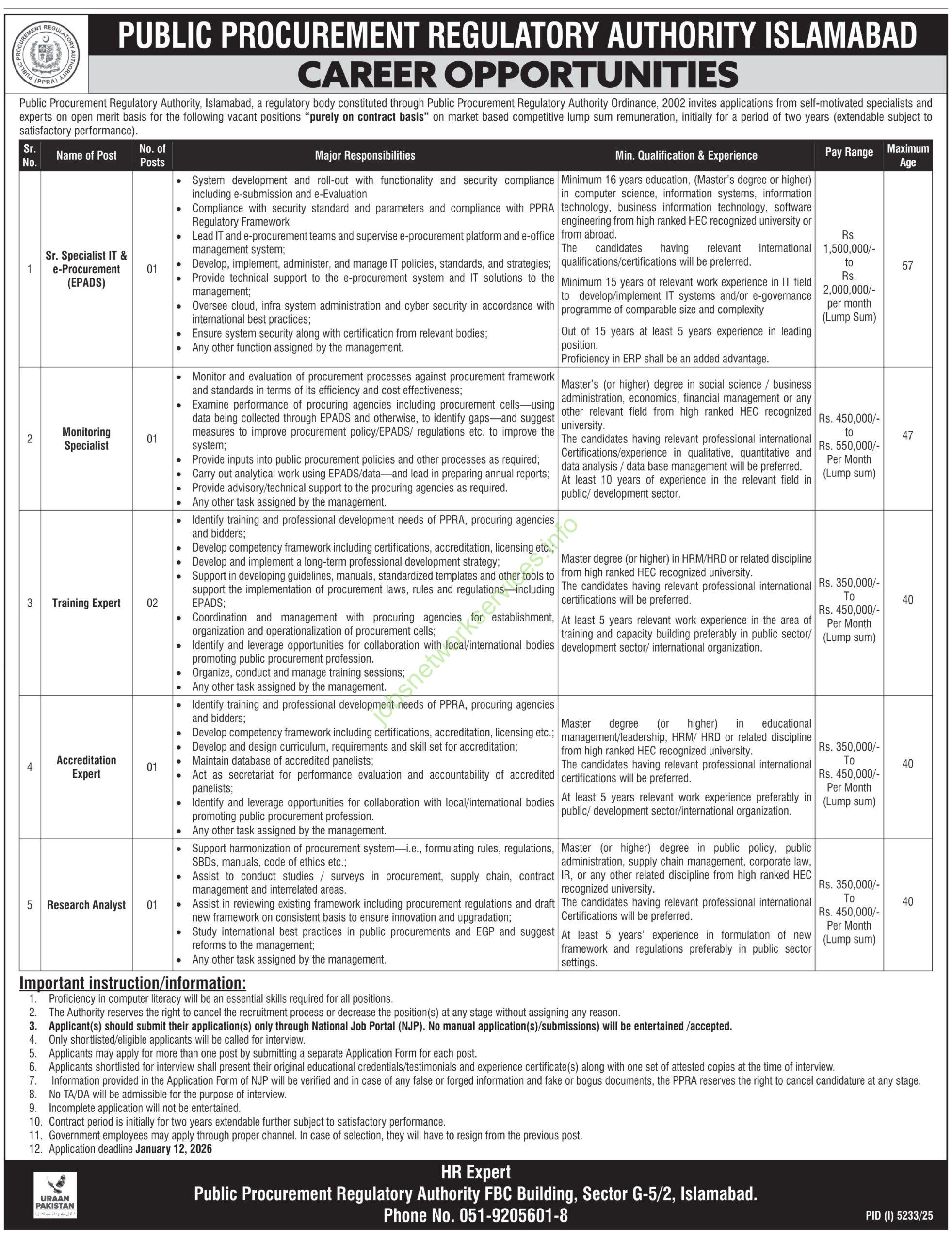 Public Procurement Regulatory Authority PPRA Islamabad New Jobs 2026 Apply Online
