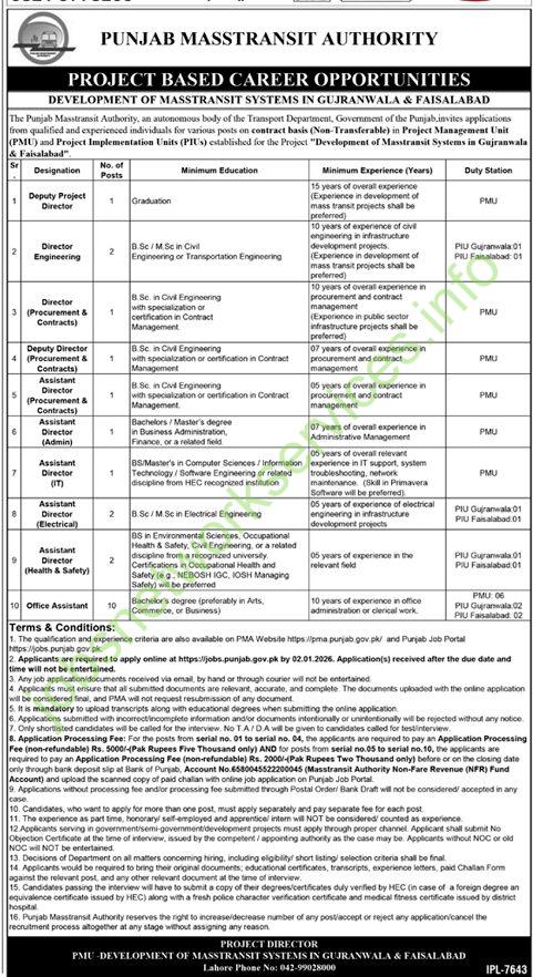 Punjab Masstransit Authority PMA Jobs 2025 at Faisalabad & Gujranwala