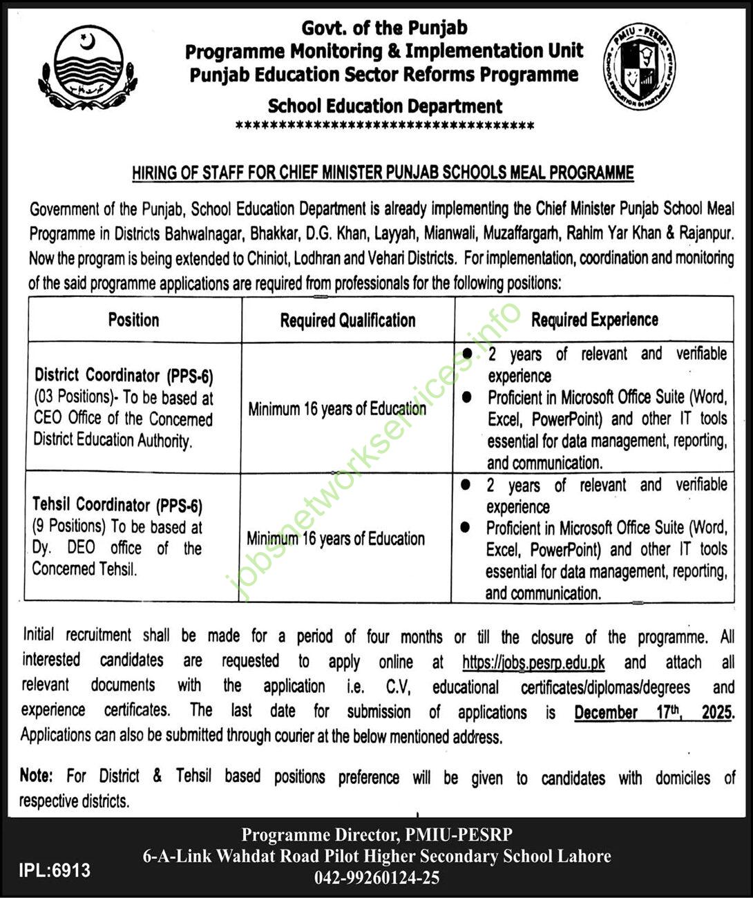 Punjab School Education Department Jobs December 2025 for District Coordinator & Tehsil Coordinator