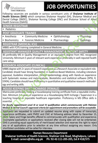 Shalamar Institute of Health Sciences SIHS Jobs December 2025 Latest