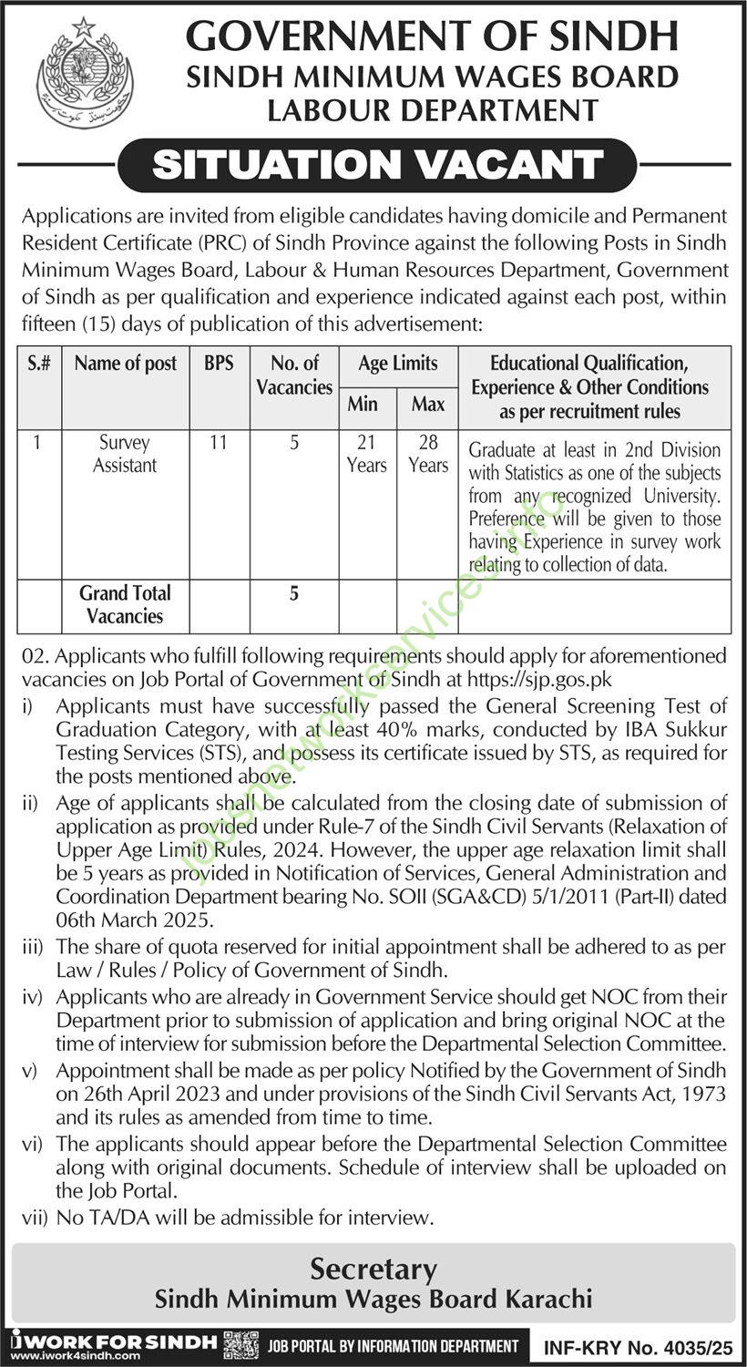 Sindh Minimum Wages Board Labour Department Jobs 2025 Latest