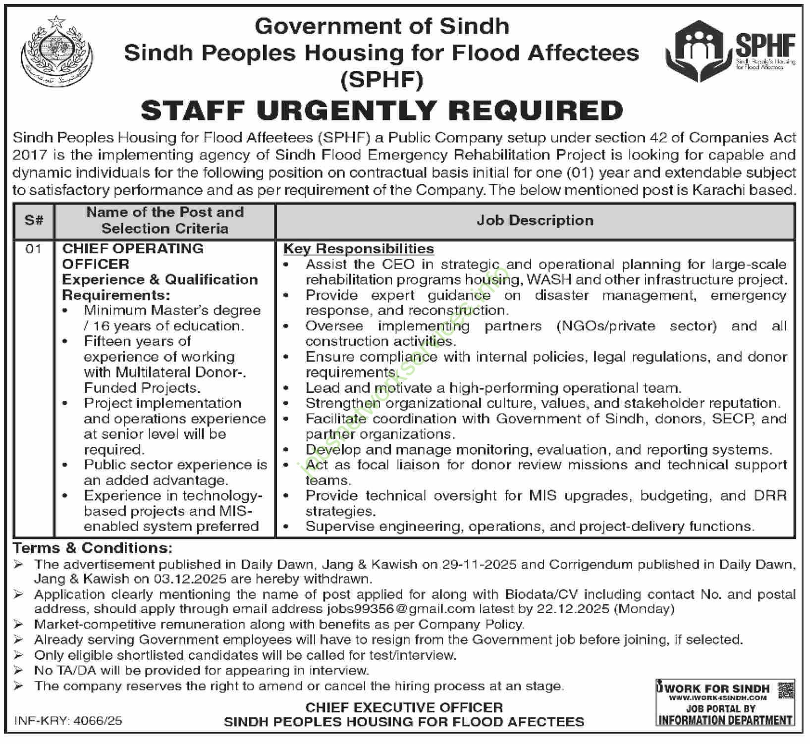 Sindh Peoples Housing For Flood Affeetees SPHF Jobs December 2025 Latest