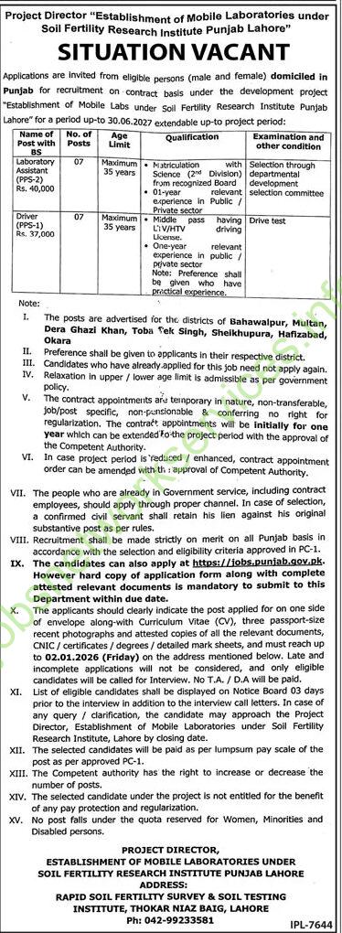 Soil Fertility Research Institute Punjab Lahore Jobs January 2026 Latest