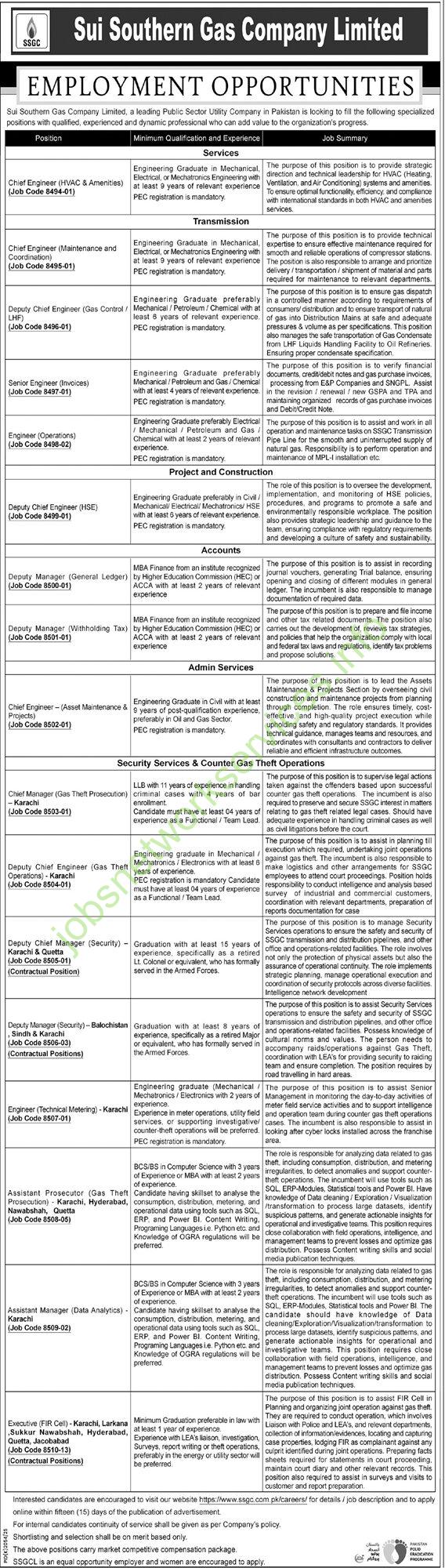 Sui Southern Gas Company Limited SSGC Jobs January 2026 Latest