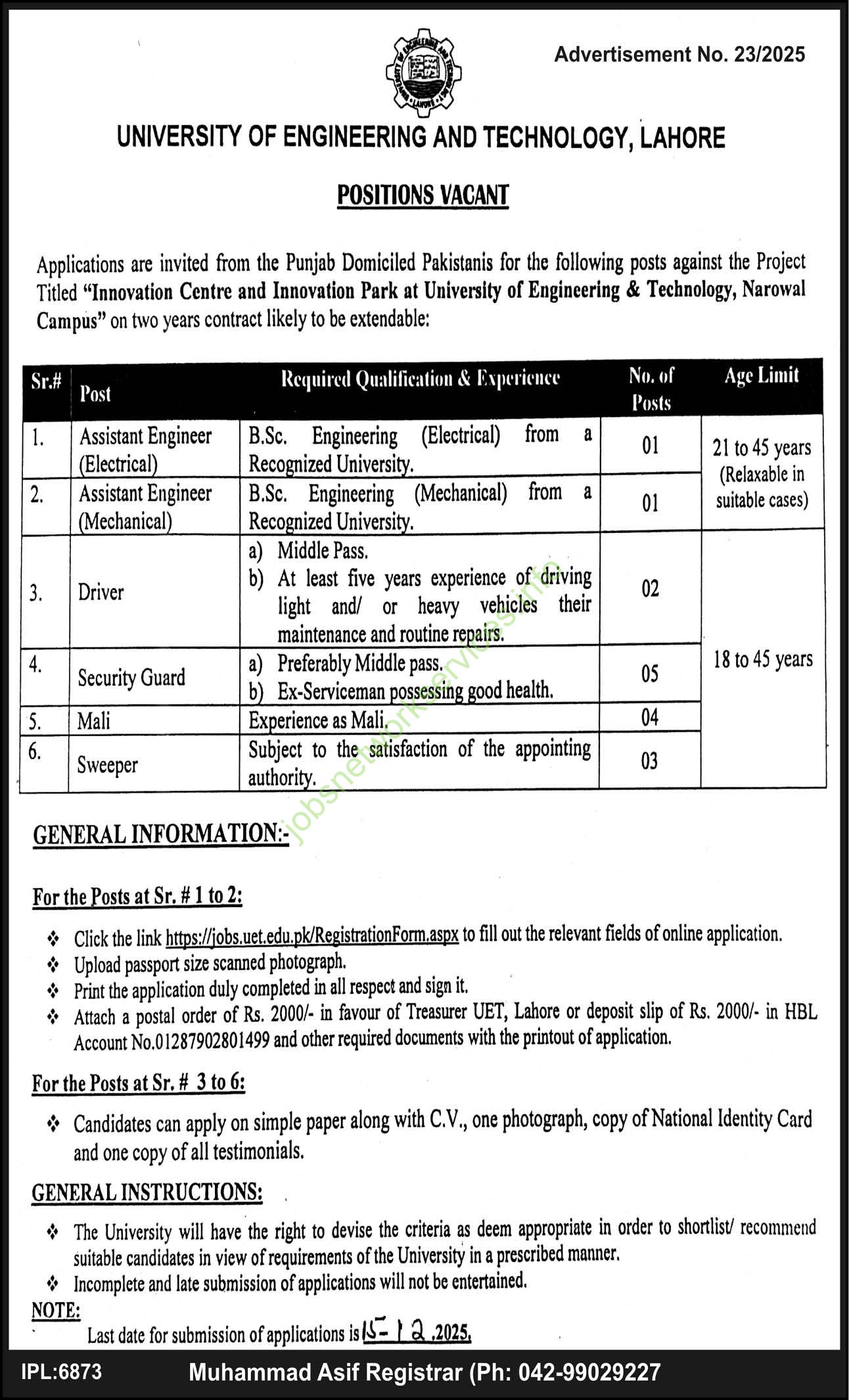 University of Engineering and Technology Lahore Jobs 2025 Latest