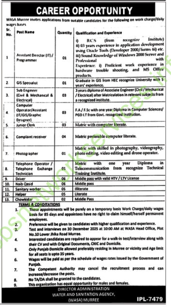 WASA Murree Jobs 2025 Latest