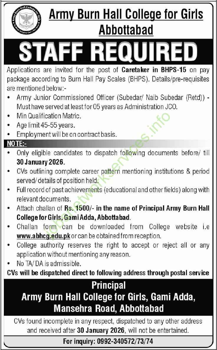 Army Burn Hall College for Girls Abbottabad Jobs 2026 Latest