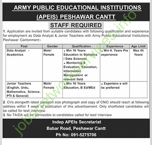 Army Public Educational Institutions APEIS Peshawar Jobs 2026 Latest
