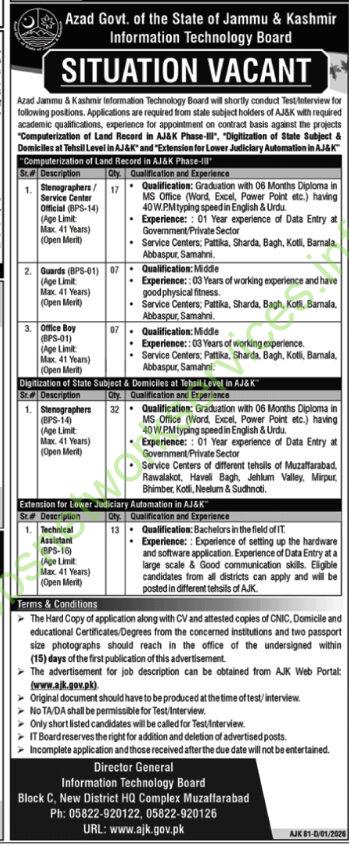 Azad Government of the State of Jammu & Kashmir Information Technology Board Jobs 2026 Latest