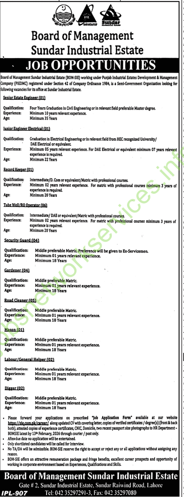 Board of Management Sundar Industrial Estate BOM-SIE Lahore Jobs 2026 Latest