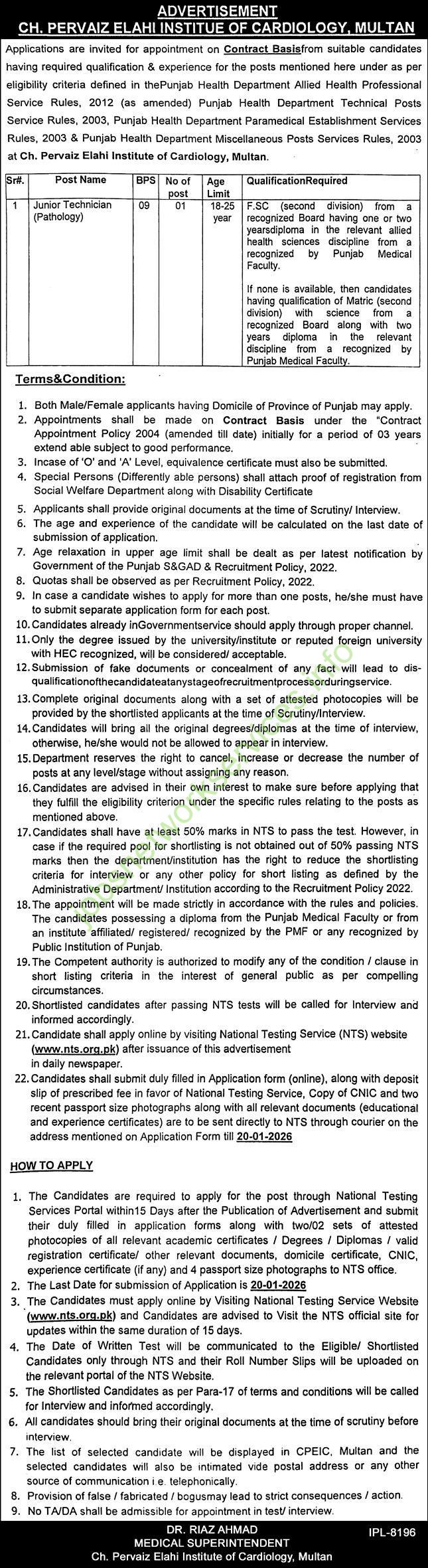Chaudhry Pervaiz Elahi Institute of Cardiology Multan Jobs 2026 Latest