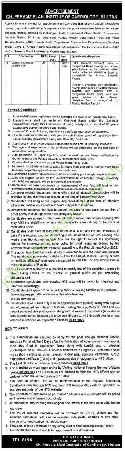 Choudhry Pervaiz Elahi Institute of Cardiology Multan Jobs 2026 Latest