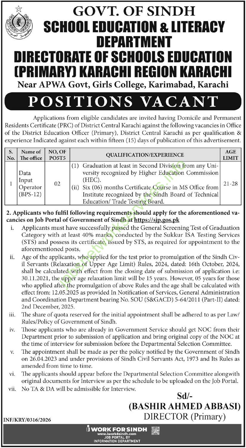 Directorate of Schools Education Primary Karachi Region Karachi Jobs 2026