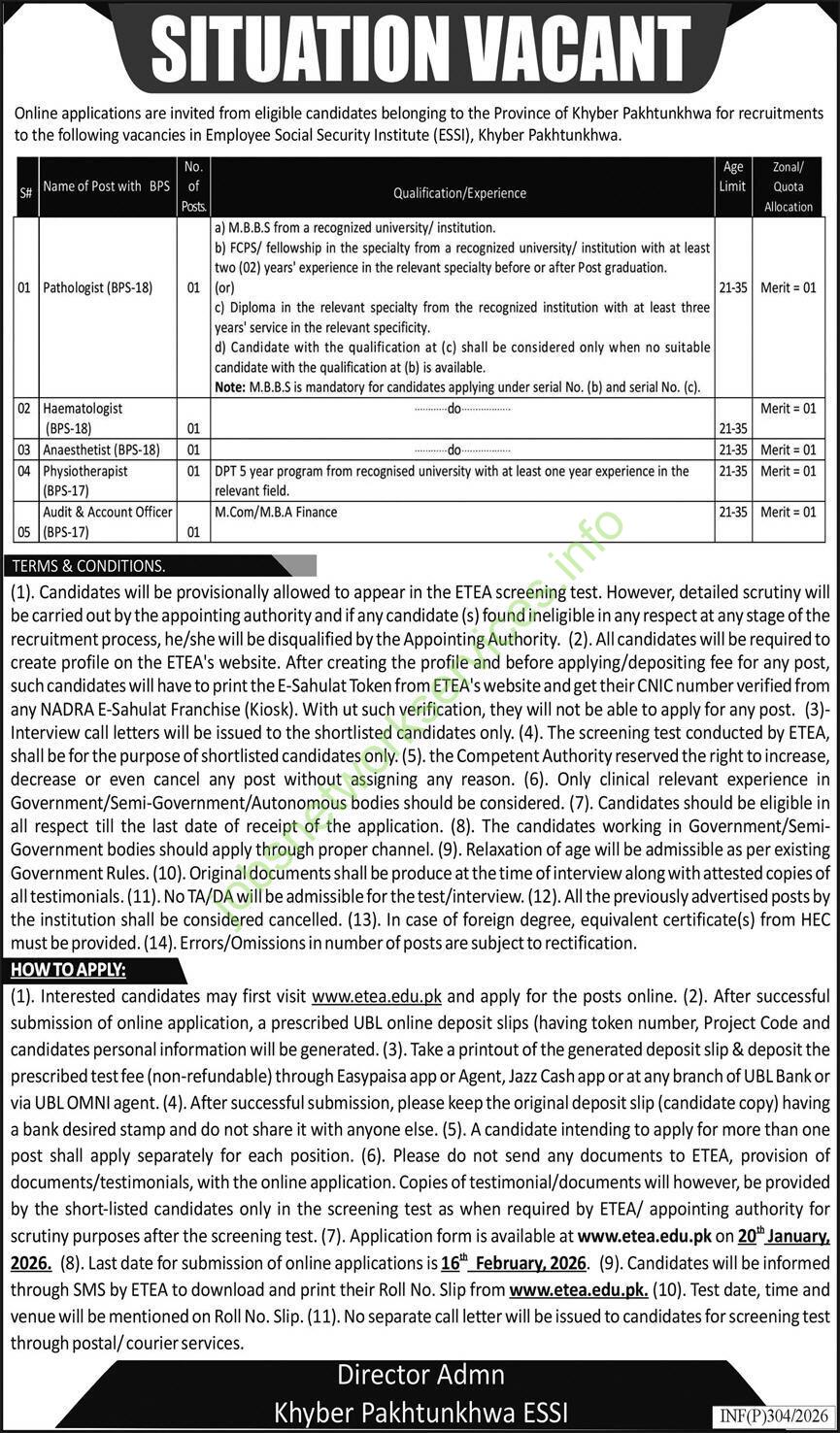 Employee Social Security Institute ESSI Khyber Pakhtunkhwa Jobs 2026 Latest