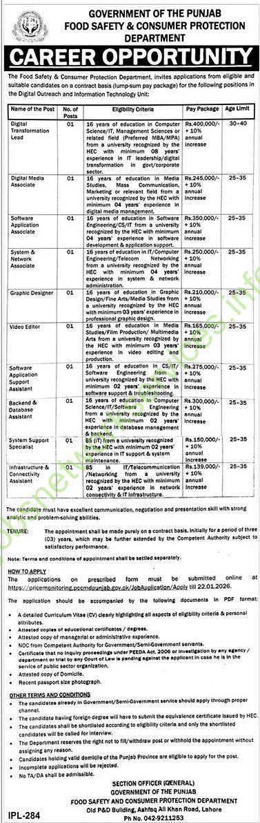 Food Safety & Consumer Protection Department Jobs 2026 Latest