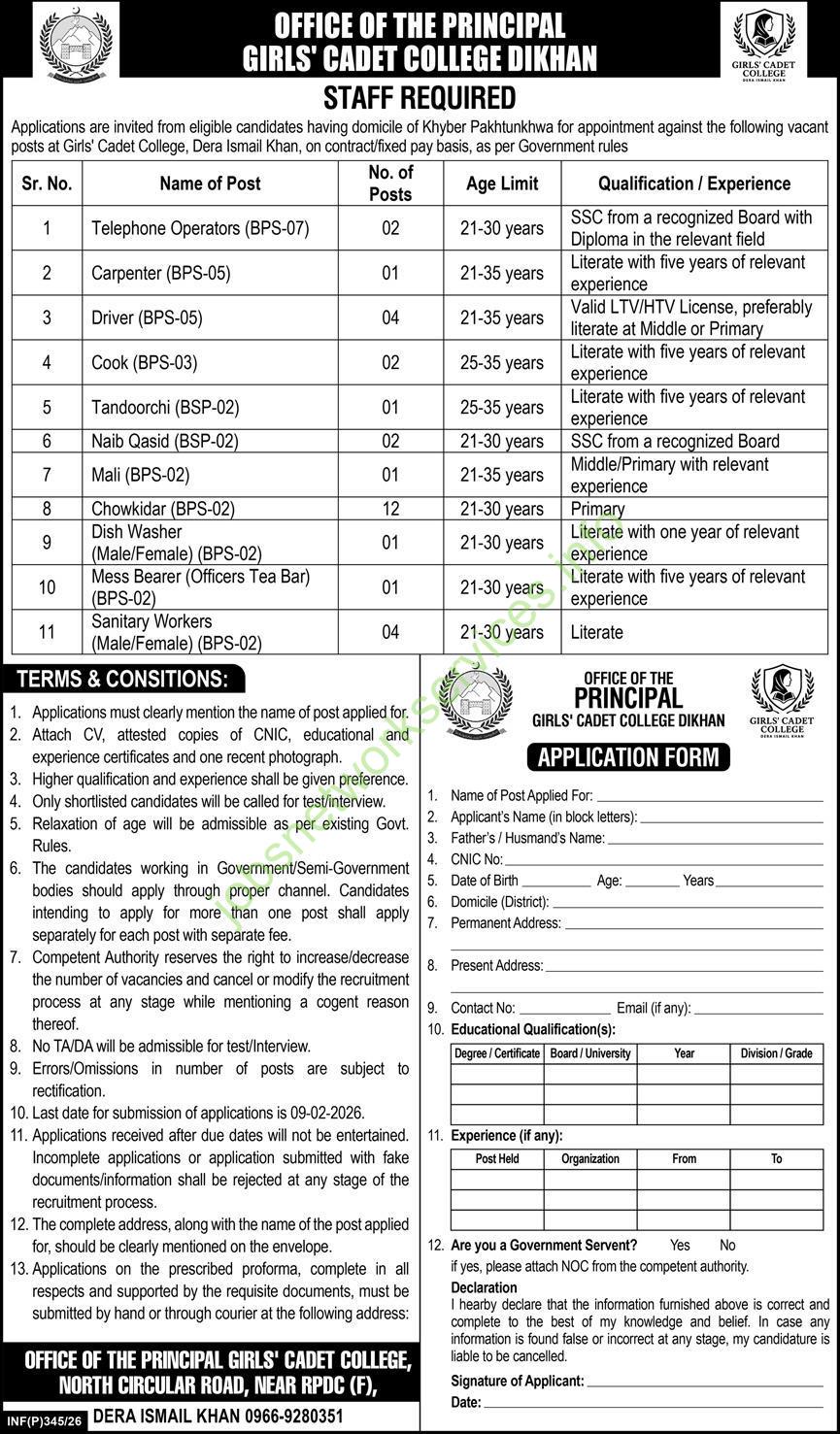 Girls Cadet College DI Khan New Jobs 2026 Latest