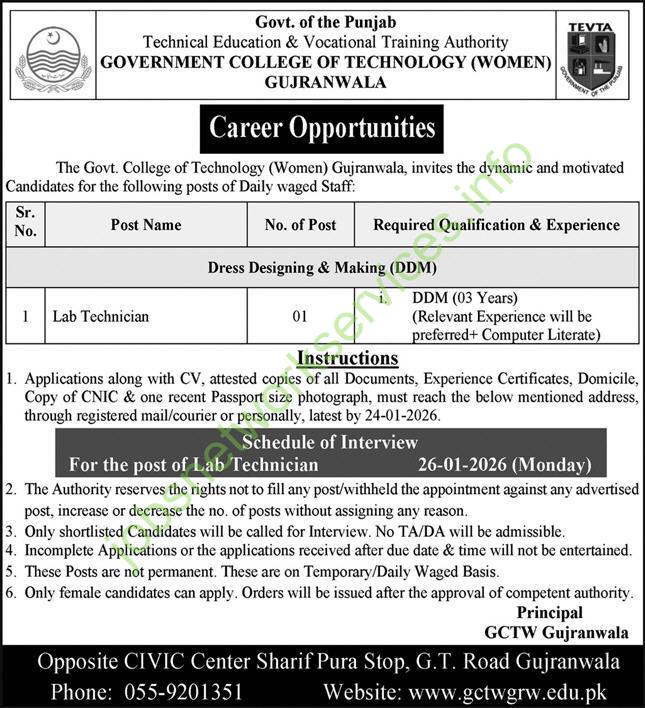 Government College of Technology Gujranwala TEVTA Jobs 2026 Latest