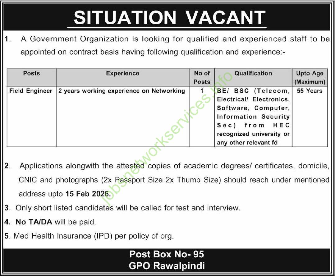 Government Organization Rawalpindi Jobs 2026 for Field Engineer