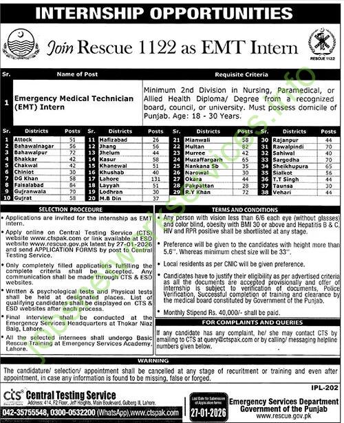 Join Rescue 1122 as EMT Intern Internship Opportunities