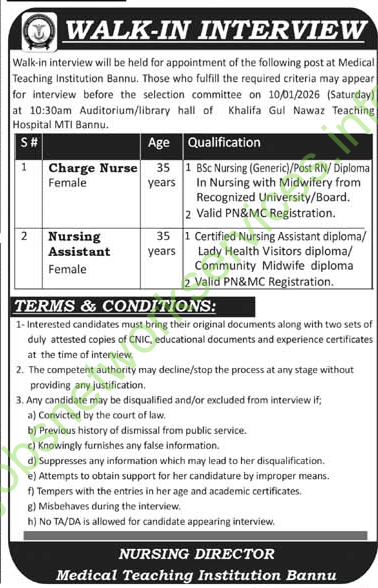 Medical Teaching Institution Bannu MTI Jobs 2026 Latest