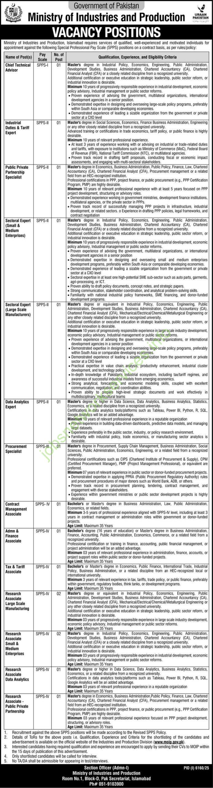 Ministry of Industries and Production Islamabad Jobs 2026 Latest