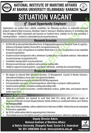 National Institute of Maritime Affairs at Bahria University Jobs 2026 Latest