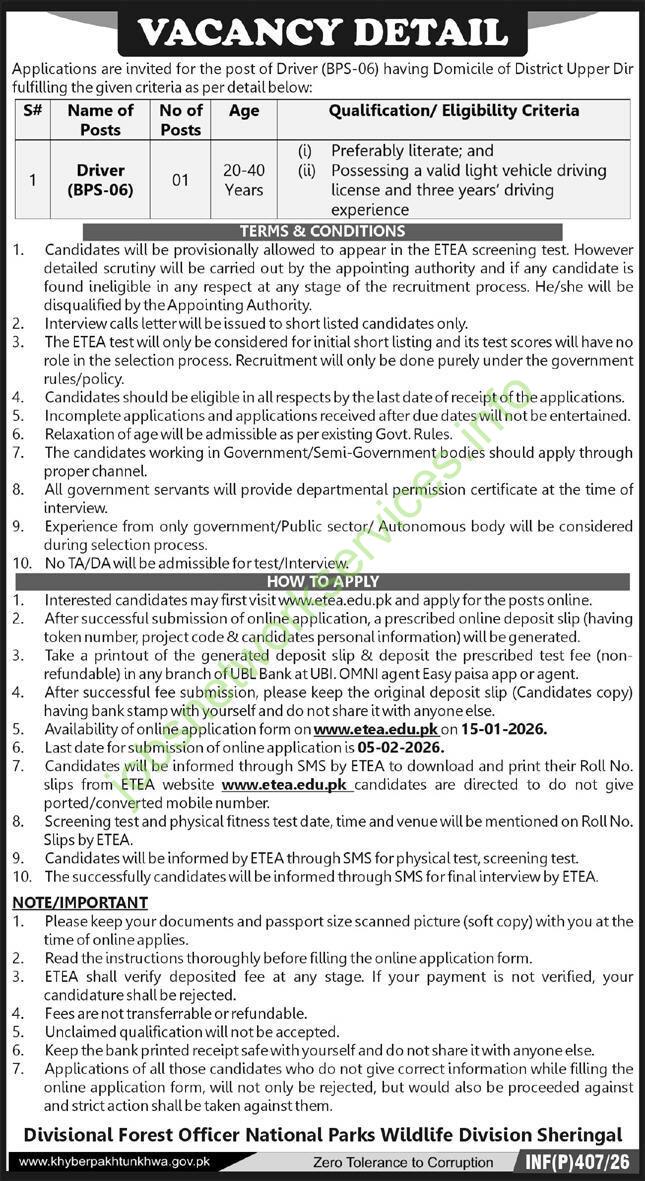 National Parks Wildlife Division Sheringal Jobs 2026 Latest