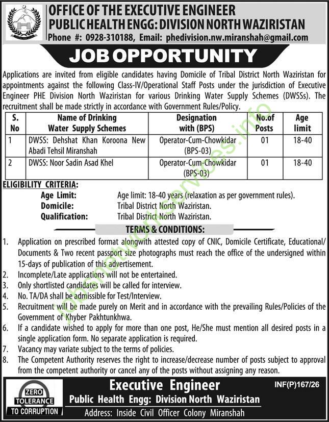 Public Health Engineering Division North Waziristan Jobs 2026 Latest