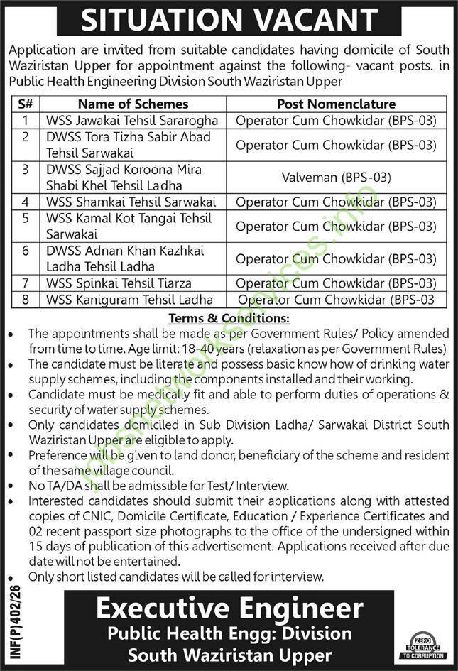 Public Health Engineering Division South Waziristan Jobs 2026 Latest