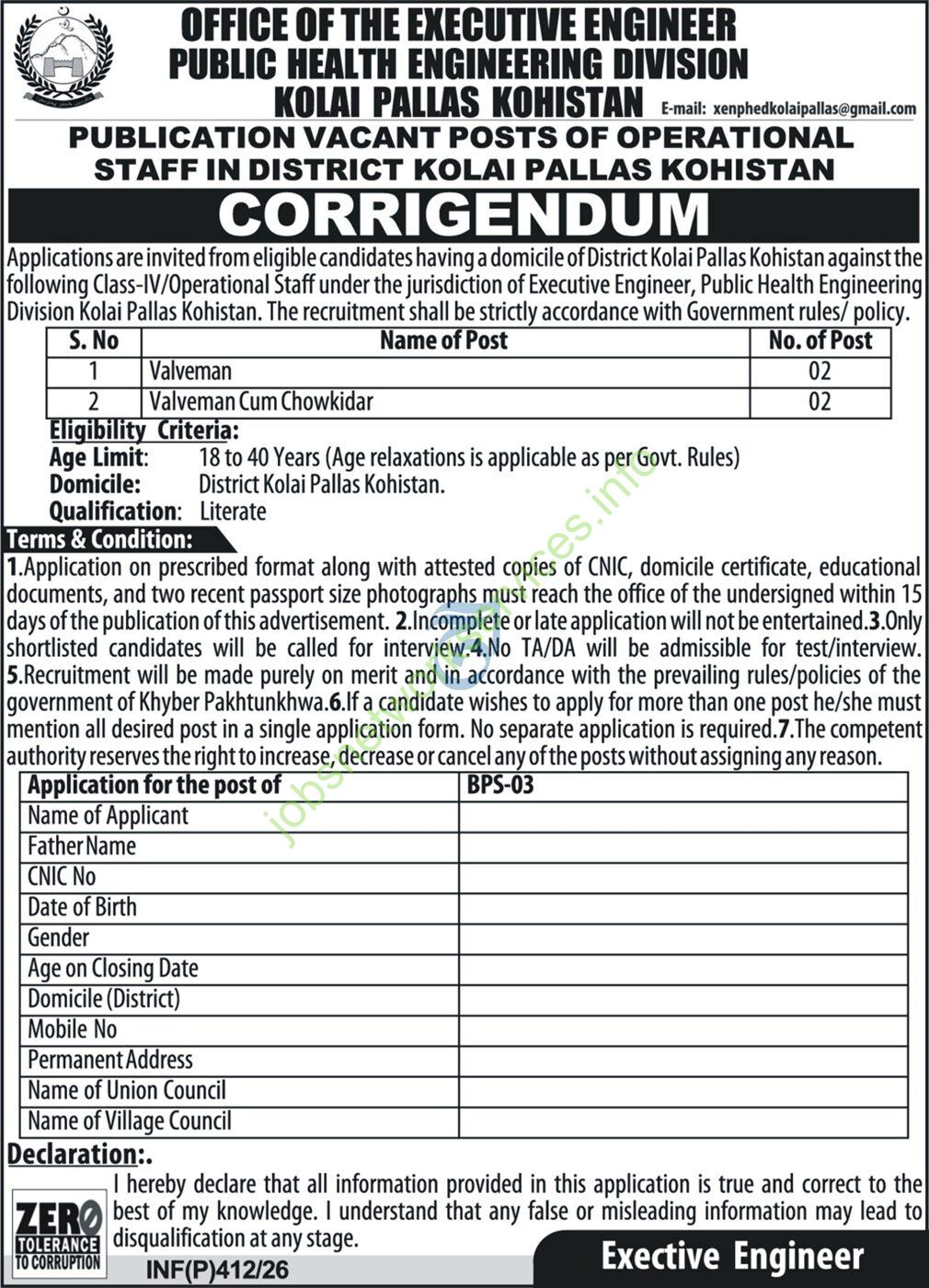 Public Health Engineering Division Kolai Pallas Kohistan Jobs 2026 Latest