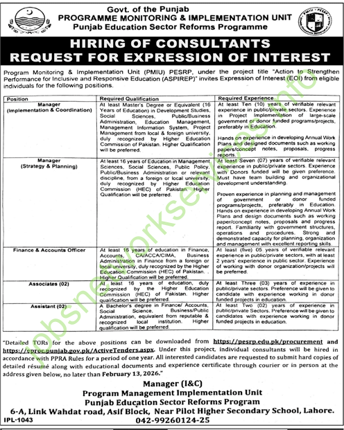 Punjab Education Sector Reforms Programme PESRP Jobs 2026 Latest