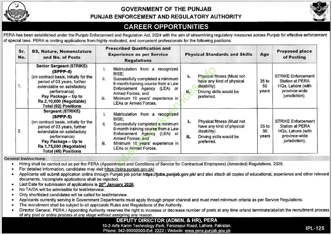 Punjab Enforcement and Regulatory Authority PERA Jobs 2026 Latest