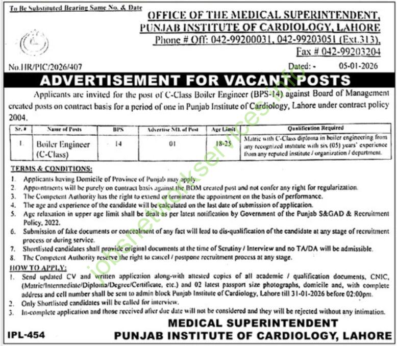 Punjab Institute of Cardiology PIC Lahore Jobs 2026 Latest