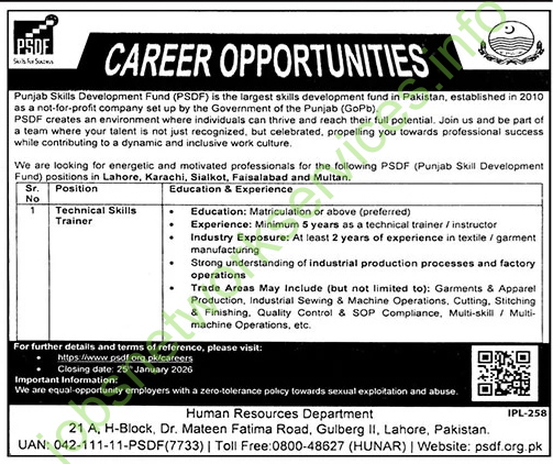 Punjab Skills Development Fund PSDF Jobs 2026 Latest