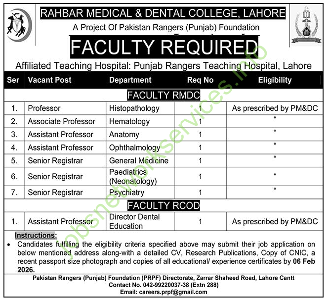 Rahbar Medical & Dental College Lahore Jobs 2026 Latest