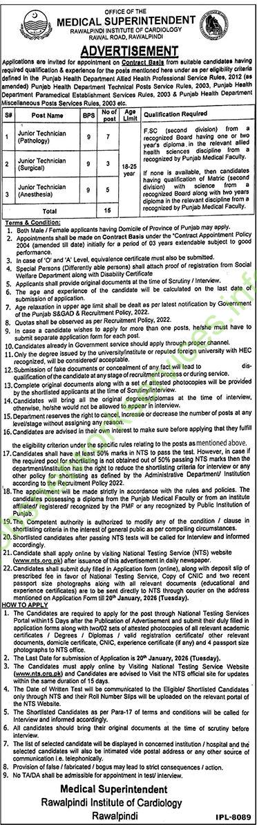 Rawalpindi Institute of Cardiology RIC Rawalpindi Jobs 2026 Latest