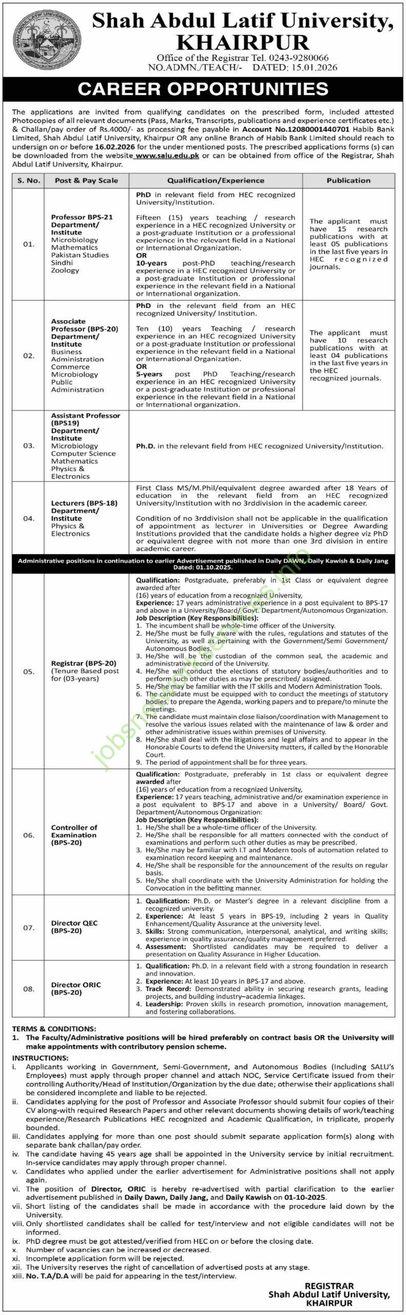 Shah Abdul Latif University Khairpur Jobs 2026 Latest