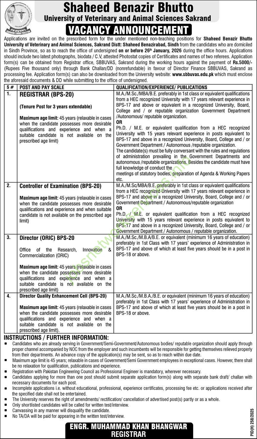 Shaheed Benazir Bhutto University of Veterinary and Animal Sciences Sakrand Sindh Jobs 2026 Latest