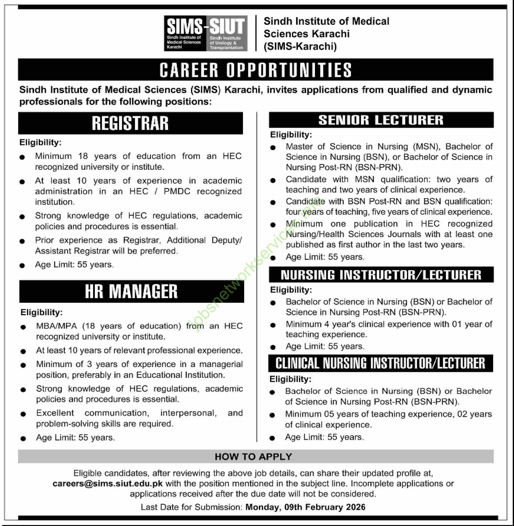 Sindh Institute of Medical Sciences SIMS Karachi Jobs 2026 Latest