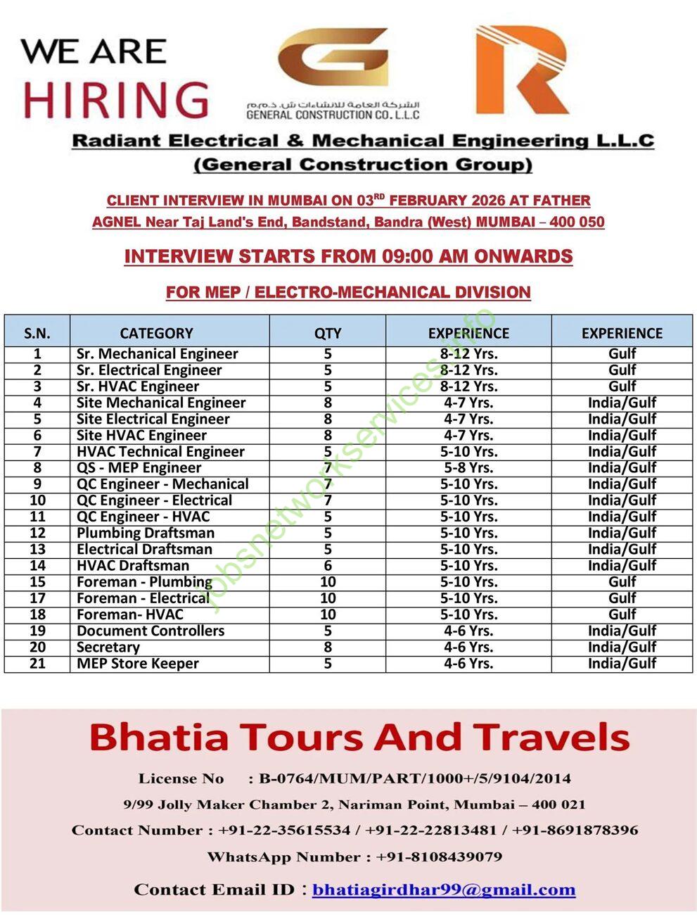 UAE Jobs 2026 Hiring for Radiant Electrical & Mechanical Engineering LLC (General Construction Group) – Apply Now