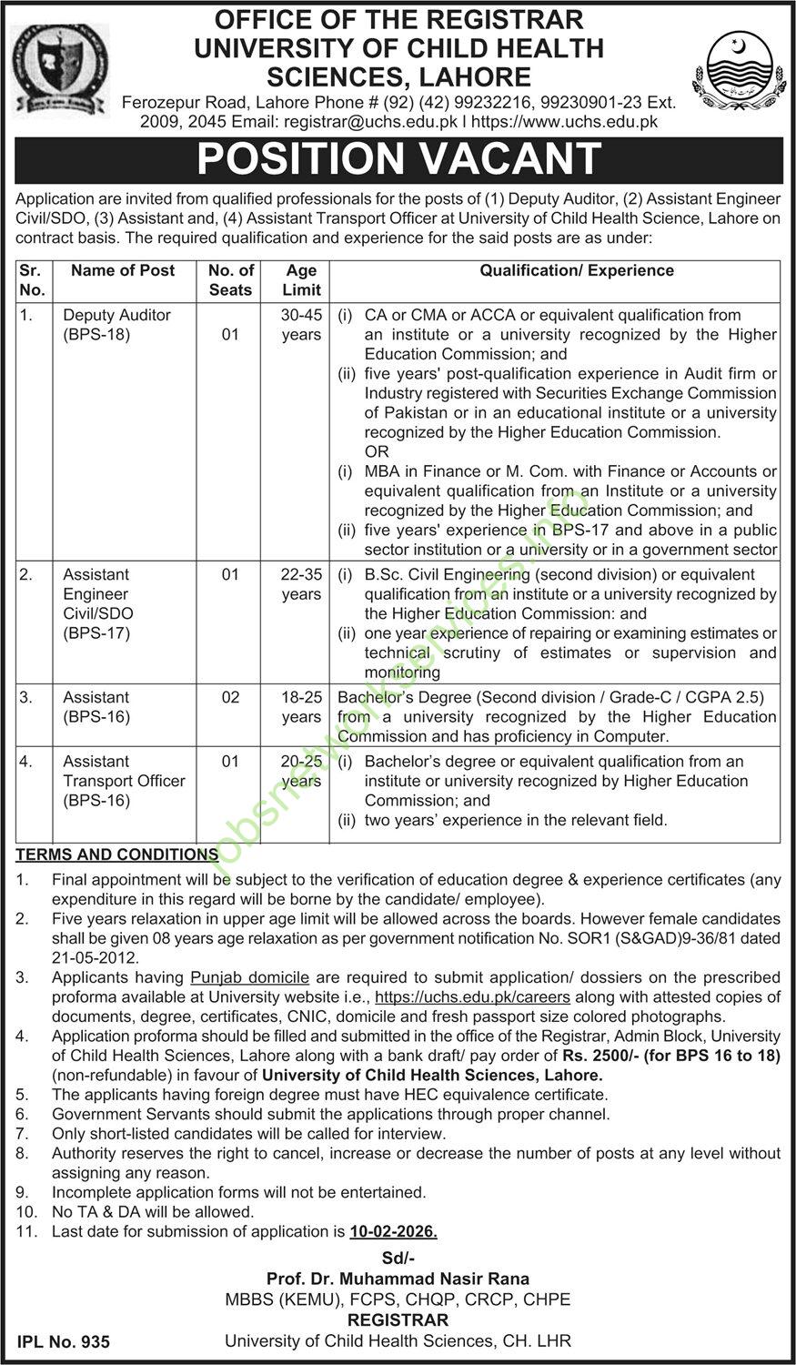 University of Child Health Sciences Lahore Jobs 2026 Latest